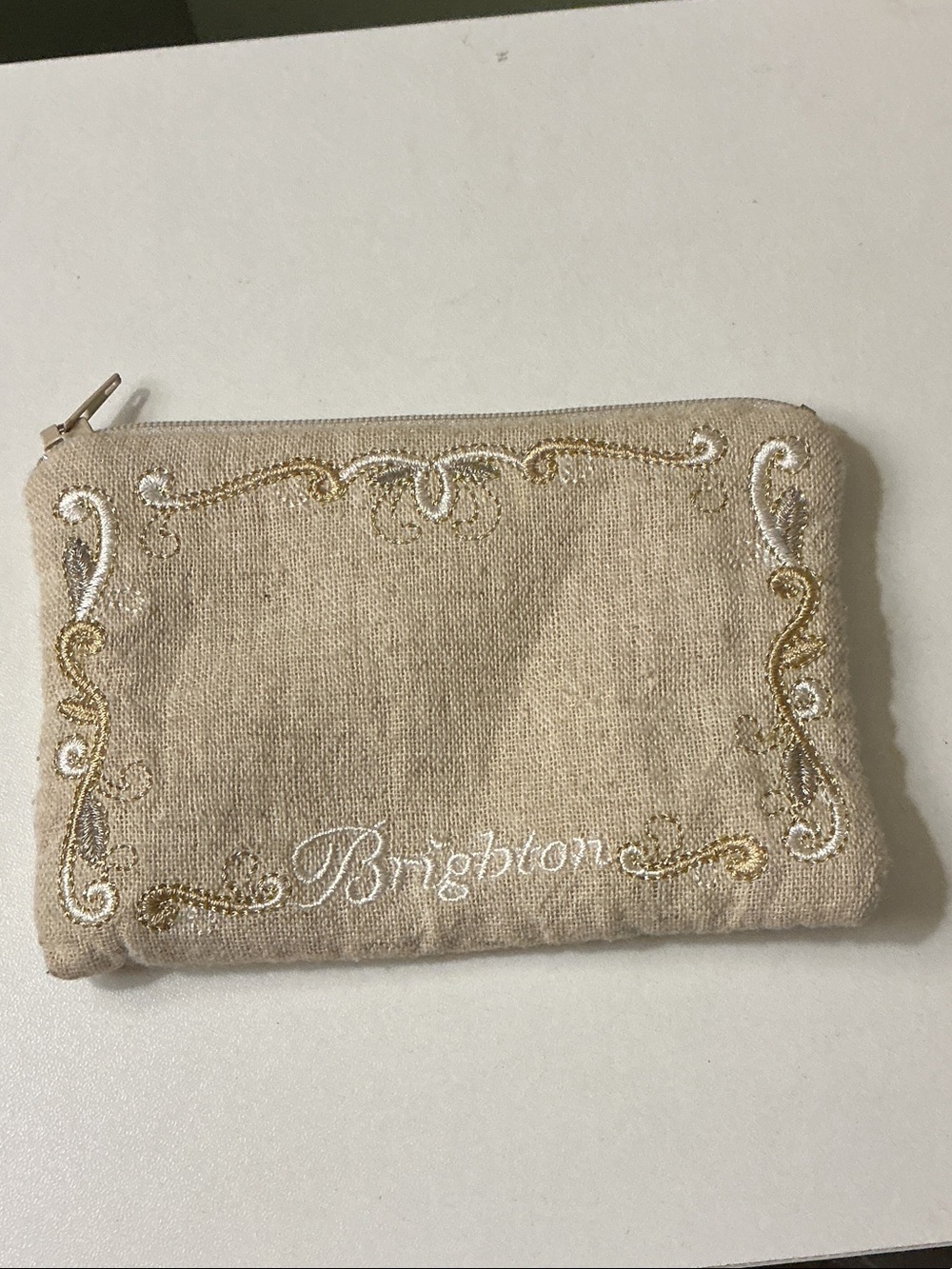 Brighton Beige Embroidered Cosmetic Small Pouch Coin Wallet Purse Gold White EUC